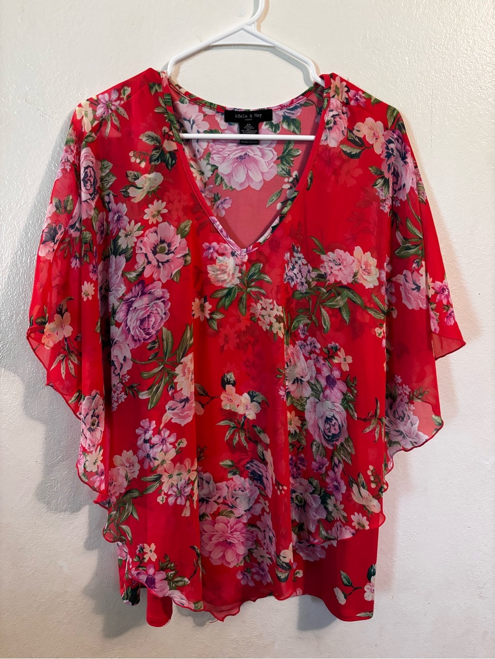 Ava & Viv Red Floral V-Neck Flutter Sleeve Tunic